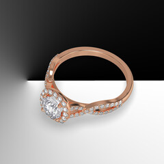 round diamond cathedral engagement ring with side stones on criss cross shank 3d render