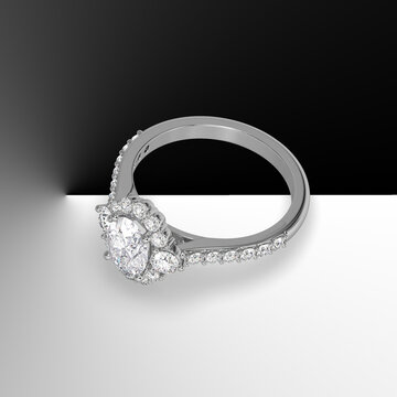 oval diamond cathedral engagement ring with side stones on shank 3d render