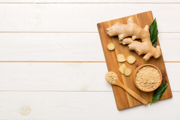 ginger on Cutting board table, top view. Space for text