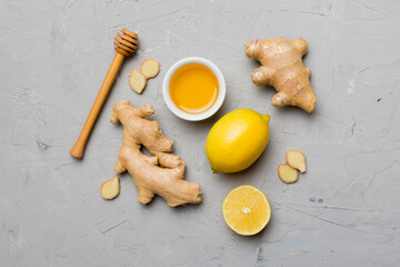 Natural cold and flu home remedies. Natural ingredients for immunity stimulation and viruses protection. top view flat lay