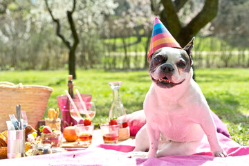 Horizontal image of french bulldog on birthday party outdoors. Full length portrait of black and white small dog wearing a birthday hat on a spring picnic. Animals lifestyle outdoors.