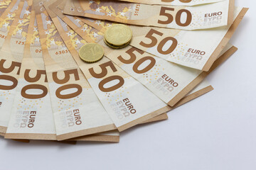 50 euro banknotes and euro coins as background. Money and financial concepts, copy space horizontal