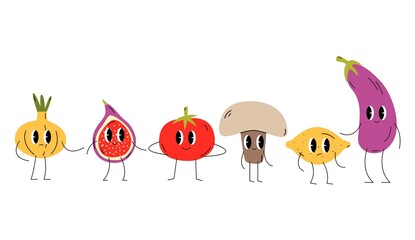 Obraz premium Groovy retro clipart fruits and vegetables set. 70s, 80s, 90s cartoon style. Patches, pins, stamps, stickers templates. Funny cute comic characters. Vintage, nostalgic aesthetic.