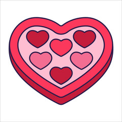 Retro Valentine Day icon candy box of heart shape. Love symbol in the fashionable pop line art style. The sweet chocolate hearts are soft pink, red, and coral colors. Vector illustration isolated on