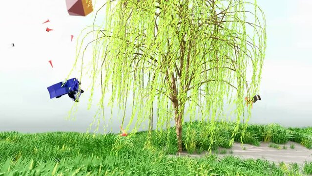 強風をしなやかに受け流すしだれ柳のアニメーション動画
