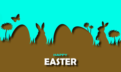 Beautiful Easter card with a silhouette of rabbits and eggs on the grass.