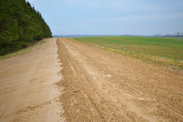 Fototapeta na wymiar Rural unpaved road passing through an agricultural field. Smooth dirt road.