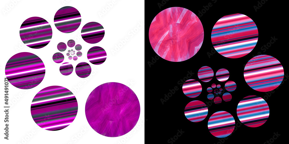 Poster spirals on white and black backgrounds consist of various striped colorful circles. two abstract fra
