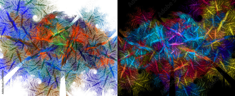Aufkleber multi-colored segments are randomly scattered over colorful blurs on white and black backgrounds. tw