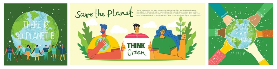 People Characters trying to Save Planet Earth. Global Warming and Climate Change Concept.