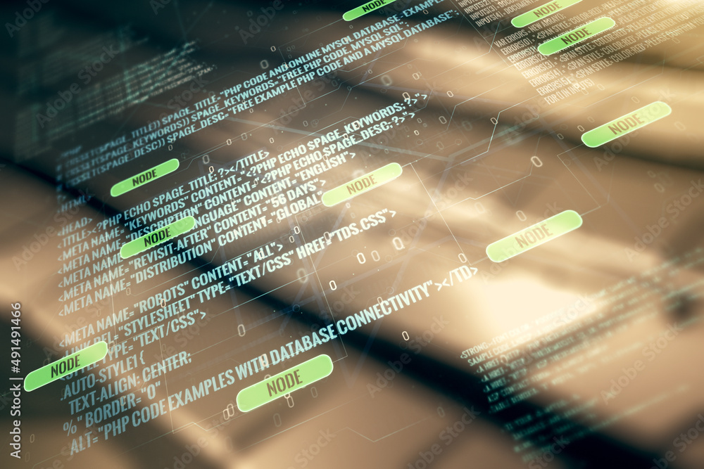 Aufkleber multi exposure of abstract programming language hologram on shiny metal background, artificial intel
