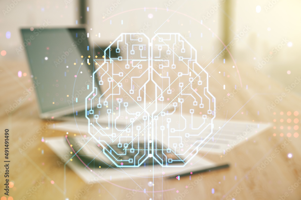 Poster virtual creative artificial intelligence hologram with human brain sketch on blurry calculator and c