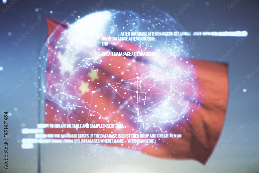 Poster multi exposure of abstract graphic coding sketch and world map on chinese flag and sunset sky backgr