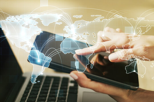Abstract graphic digital world map with connections and finger presses on a digital tablet on background, globalization concept. Multiexposure