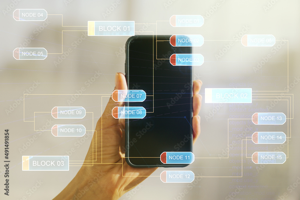 Poster double exposure of abstract programming language hologram and hand with cell phone on background, re