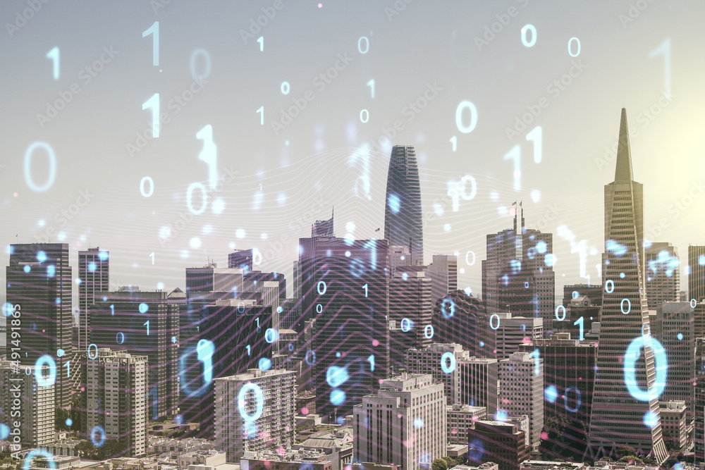 Leinwandbilder abstract virtual binary code hologram on san francisco cityscape background, ai and machine learning