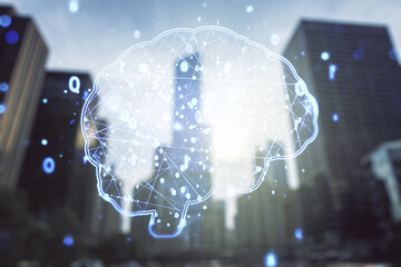 Virtual creative artificial Intelligence hologram with human brain sketch on office buildings background. Multiexposure