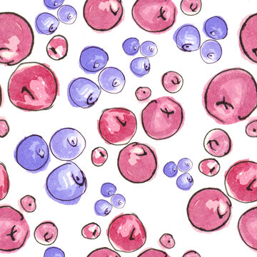 Watercolor Drawing Blueberries And Currants On A White Background. Seamless Pattern.