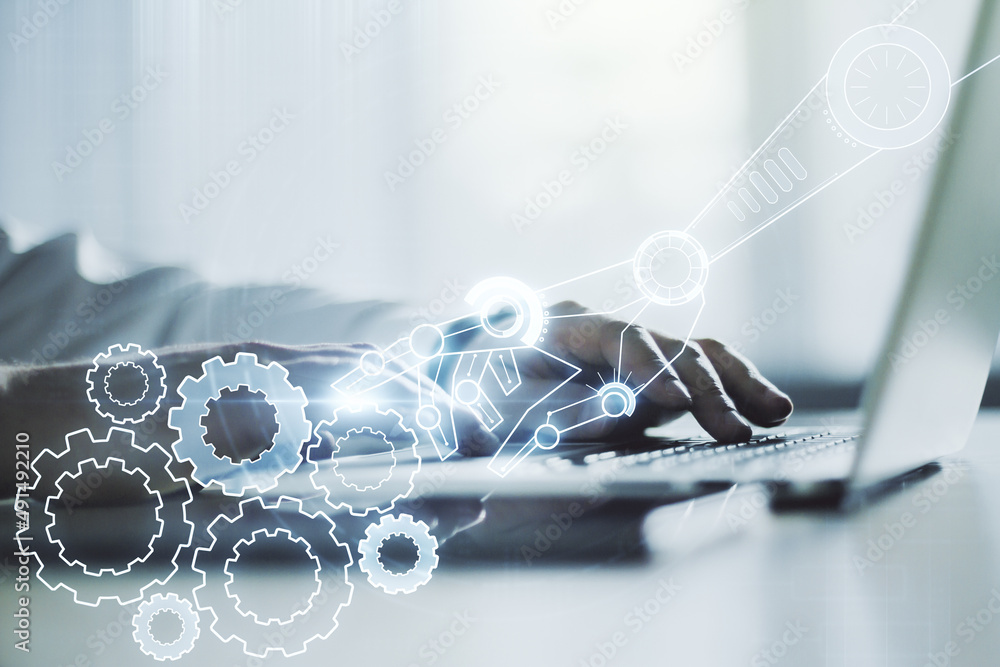 Poster creative abstract robotics technology hologram and hands typing on computer keyboard on background, 