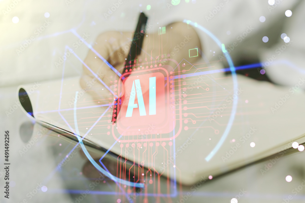 Poster double exposure of creative artificial intelligence abbreviation with man hand writing in notepad on