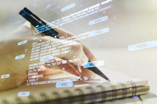 Double exposure of abstract creative programming illustration and man hand writing in notepad on background, big data and blockchain concept