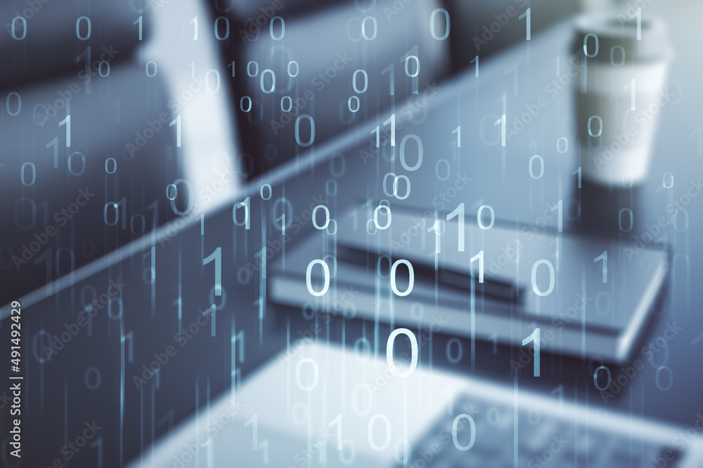 Poster creative concept of binary code illustration on modern laptop background. big data and coding concep