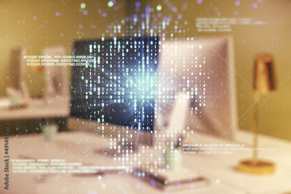 Poster double exposure of creative code skull hologram on laptop background. malware and cyber crime concep