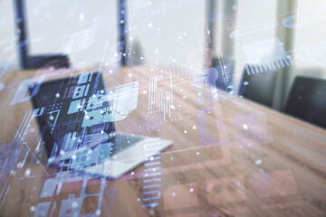 Abstract creative coding concept on modern laptop background. Multiexposure