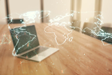 Abstract creative digital world map on modern computer background, globalization concept....
