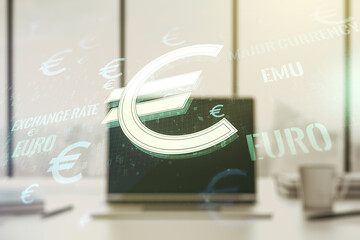 Creative EURO USD symbols illustration on modern computer background, forex and currency concept. Multiexposure