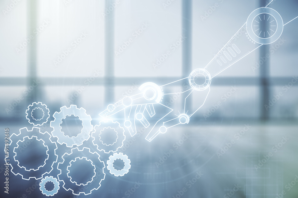 Aufkleber double exposure of abstract virtual robotics technology hologram on empty modern office background. 