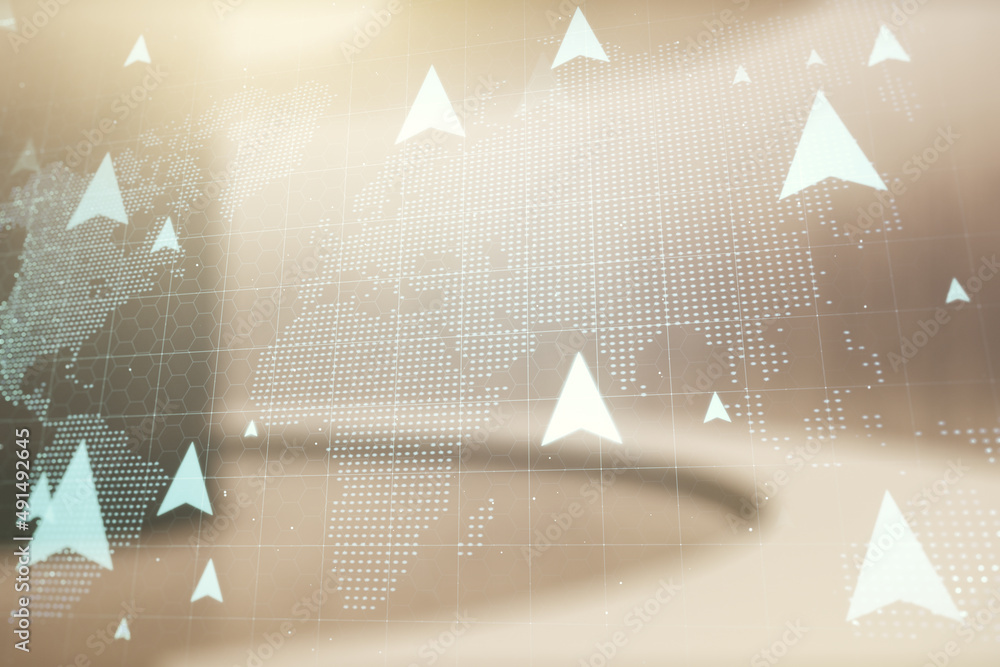 Poster double exposure of abstract virtual world map with pins hologram on empty modern office background. 
