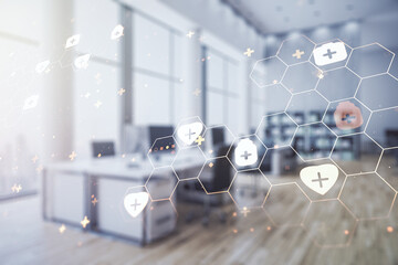 Double exposure of abstract virtual medical hologram on modern corporate office background. Healthcare technolody concept