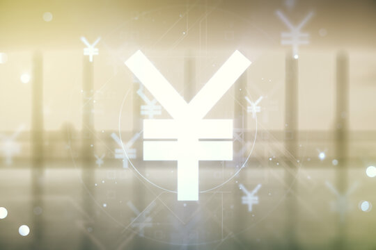 Abstract virtual Japanese Yen symbol illustration on empty corporate office background. Trading and currency concept. Multiexposure