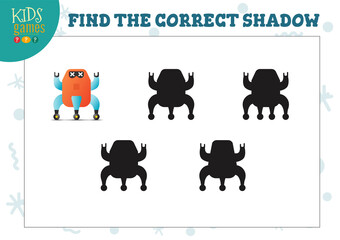 Find the correct shadow for cute cartoon humanoid robot educational preschool kids mini game