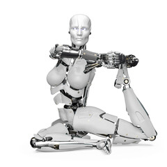 amazing robot is doing a king pigeon yoga pose