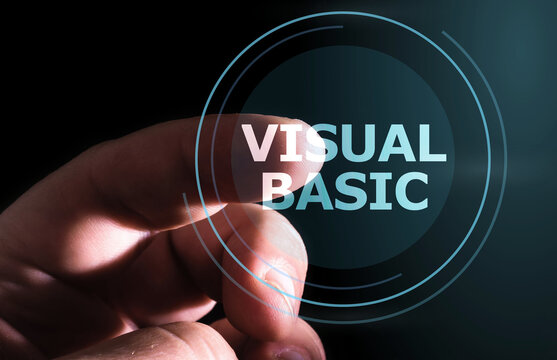 Hand Pressing Visual Basic Button On Virtual Screen. Visual Basic Programming Language. 