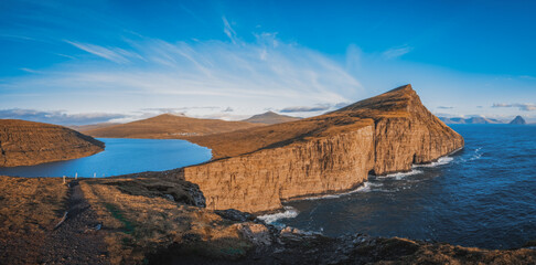 Sorvagsvatn or Leitisvatn lake in the island of Vagar. Faroe Islands. November 2021. Panoramic view