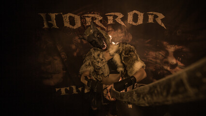 werewolf with sword, wolf, girl