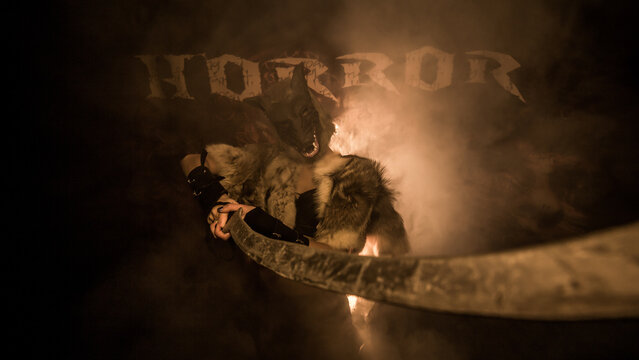 werewolf with sword, wolf, girl