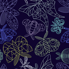 Naklejka premium Night Moths Lineart Seamless Ornament