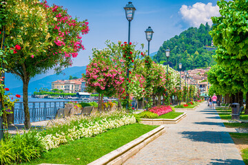 Bellagio borgo on Lake Como, Italy. Romantic scenery of coast and lakefront, the town is famous for popular luxury resort, stores, narrow streets and alleys.