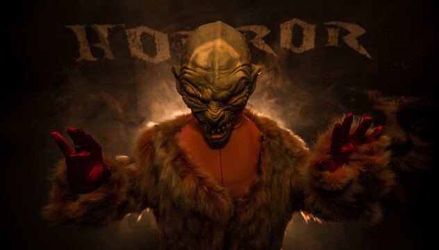 a vampire dressed in fur stands in the smoke and wants your blood