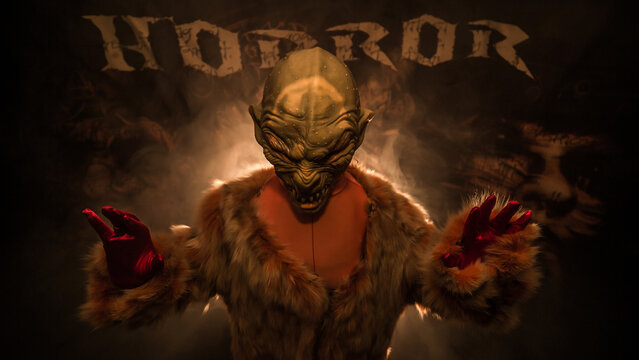 a vampire dressed in fur stands in the smoke and wants your blood