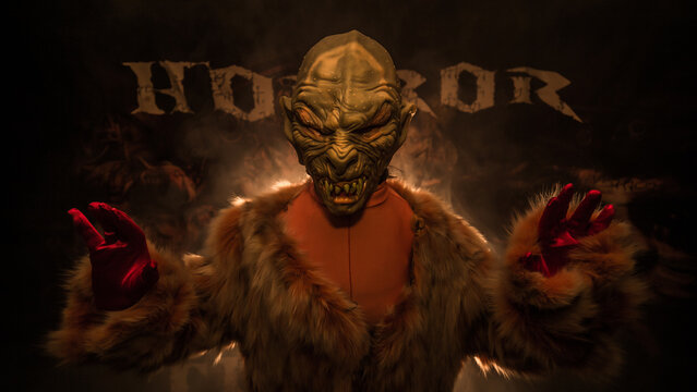 a vampire dressed in fur stands in the smoke and wants your blood