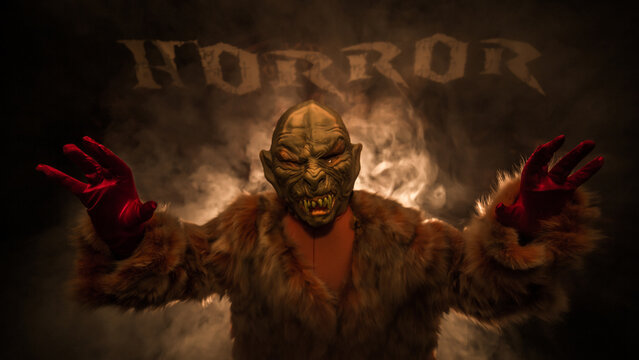 a vampire dressed in fur stands in the smoke and wants your blood
