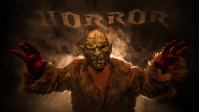 a vampire dressed in fur stands in the smoke and wants your blood