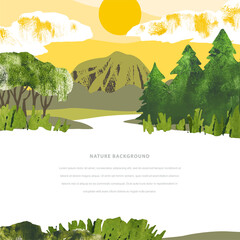 Bright landscape with sunset, mountain and coniferous forest. Nature hand draw vector template with place for text. Collage with watercolor texture
