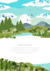 Summer landscape with blue sky, mountains, river and coniferous forest. Nature hand draw vector template with place for text. Collage with watercolor texture. Size A4