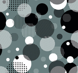 Abstract Seamless Pattern with dots, circles and lines on white background. Vector illustration. Trendy geometric elements. Modern abstract design poster, cover, card design, fabric sample.

